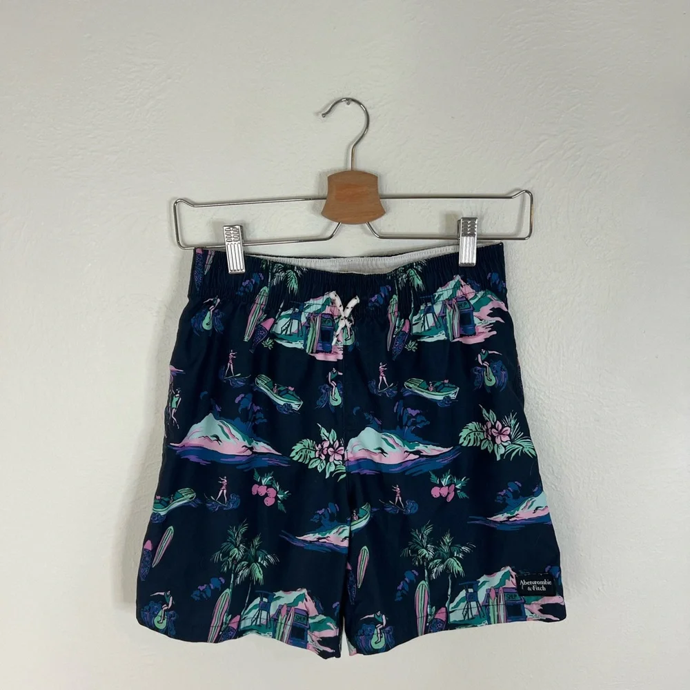 Abercrombie Kids Swim Trunks Navy Tropical Print Elastic Waist Lined Size 11/12